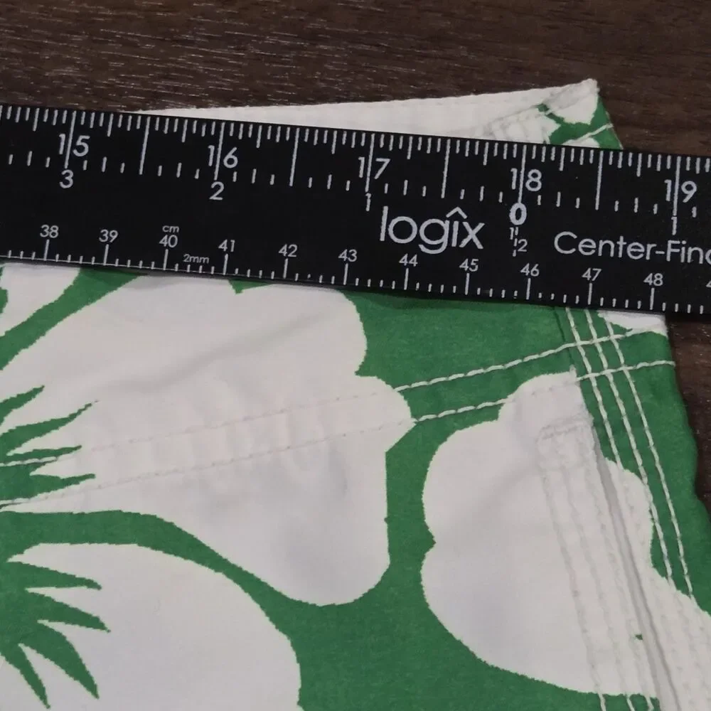 Old Navy Mens L Board Shorts Green White Floral Hawaiian Print Drawstring Swim